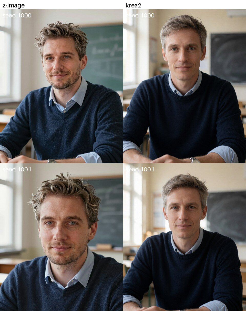 Zwei Spalten: links Z-Image mit zerzaustem Haar und Bartschatten, rechts Krea 2 mit glatterem, älterem Gesicht, je zwei Seeds.