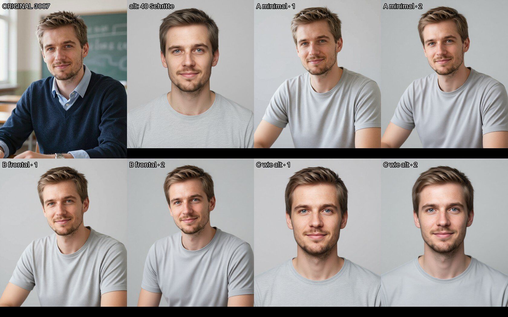 Das Original im Klassenzimmer und sieben neutrale Varianten in grauem T-Shirt vor grauem Grund, einige mit deutlich anderem Gesicht.