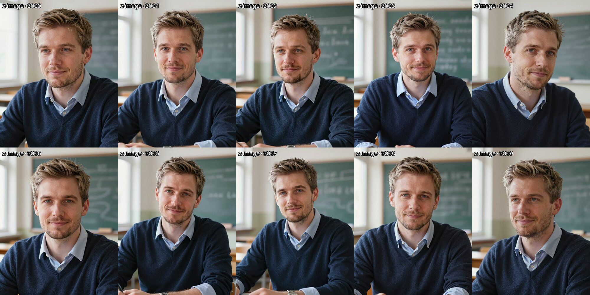 Zehn Porträts desselben Prompts mit Seeds 3000 bis 3009: zehn verschiedene Männer im Pullover im Klassenzimmer.