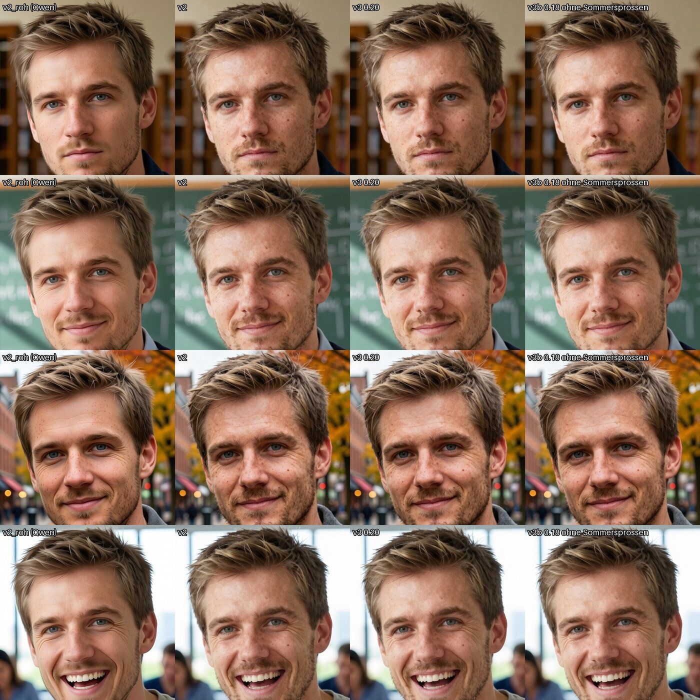 Raster mit vier Zeilen und vier Spalten: dasselbe Gesicht als Qwen-Rohbild, dann in drei Verfeinerungsstufen von Z-Image.