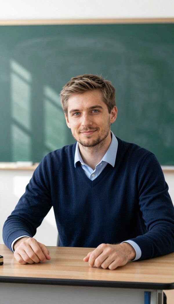 Der Lehrer sitzt vorne am Holzpult, hinter ihm die Tafel, Hände ruhig auf dem Pult, Blick in die Kamera.