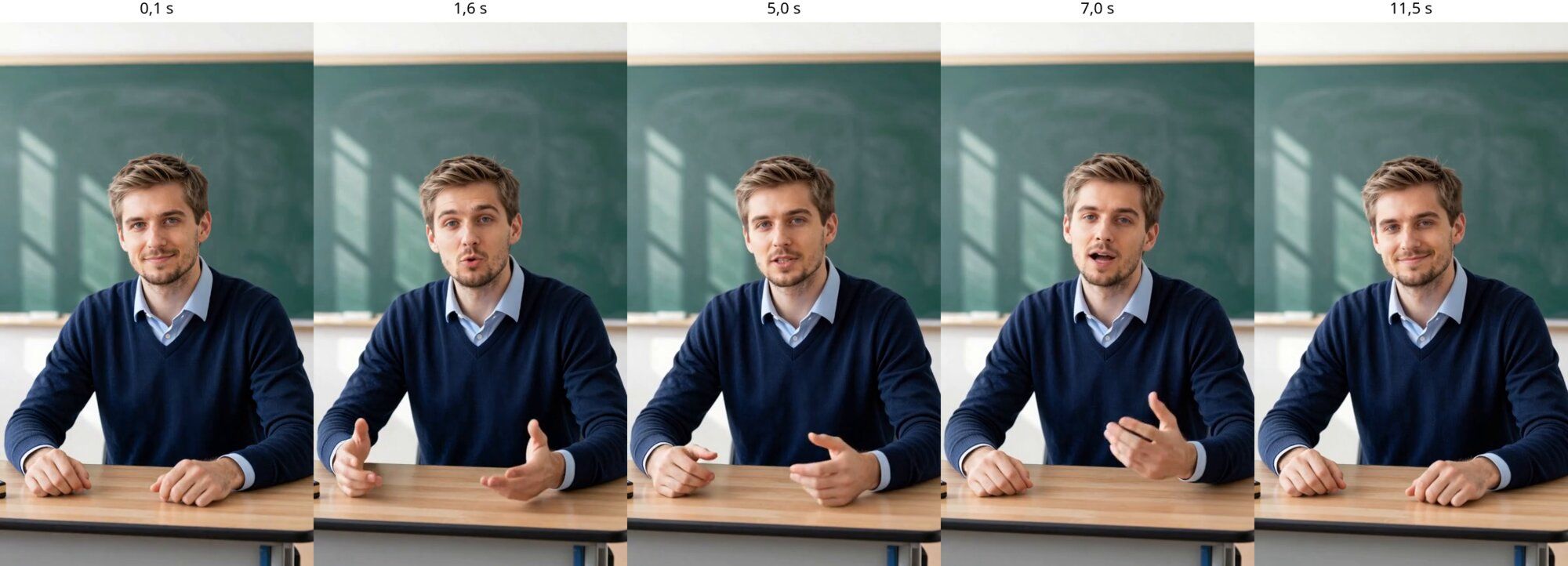 Fünf Einzelbilder aus dem Clip bei 0,1, 1,6, 5,0, 7,0 und 11,5 Sekunden.