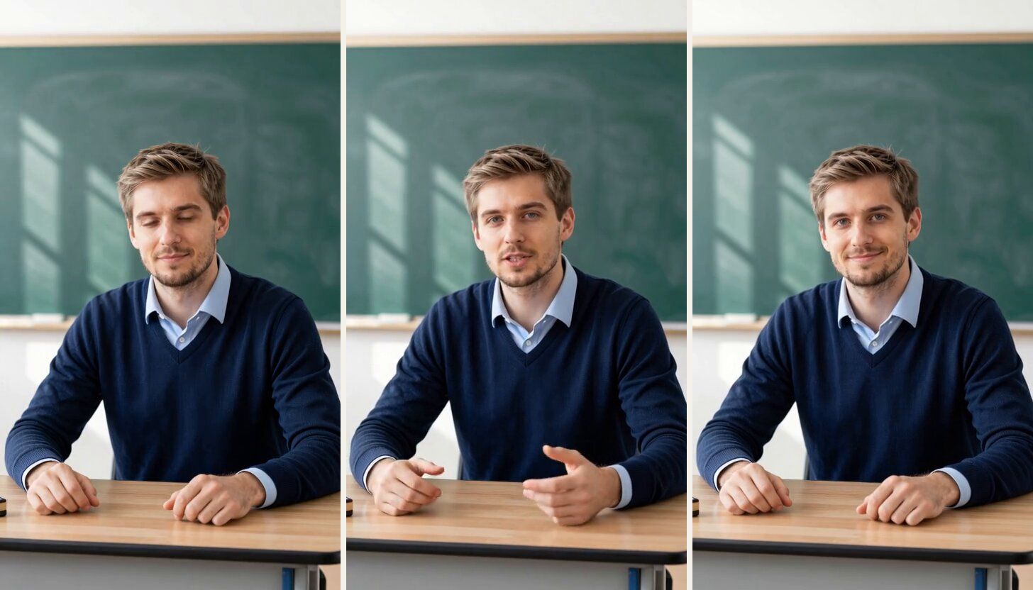 Drei Bilder aus dem Clip der Startseite – vorn ruhig, in der Mitte spricht er mit offenen Händen, hinten wieder ruhig.