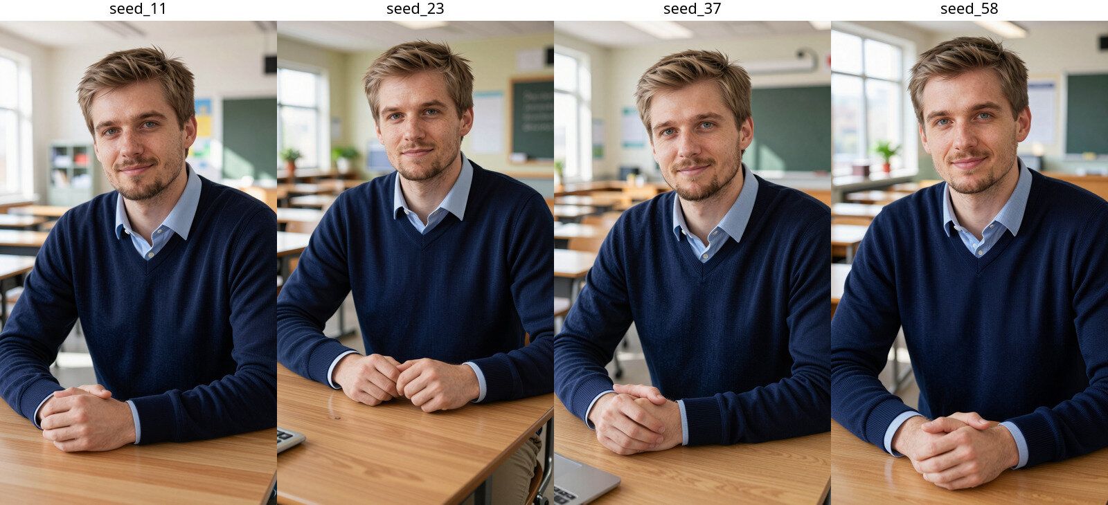 Vier Startbilder: Der Lehrer sitzt an Schülertischen mitten im Raum, die Tafel hängt weit hinten.