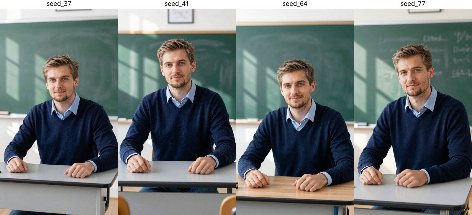 Vier Startbilder: Der Lehrer sitzt vorne am Pult, die Tafel direkt hinter ihm.