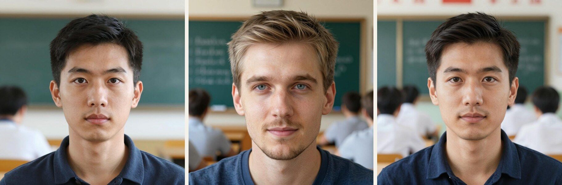 Drei Porträts mit demselben Prompt ohne Stichwort: ein fremder Mann, dann der Lehrer, dann wieder ein fremder Mann.