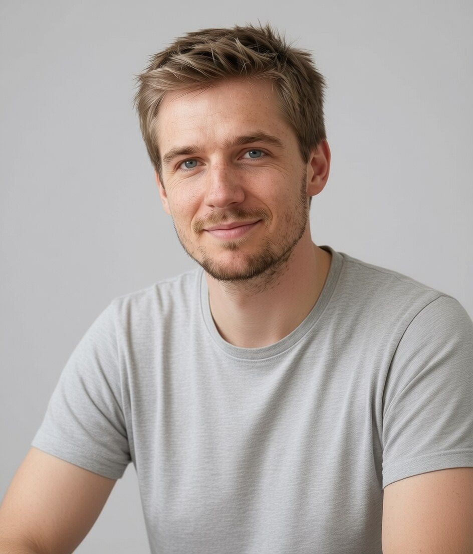 Das Referenzporträt des Lehrers – neutraler grauer Hintergrund, graues T-Shirt, Blick in die Kamera.